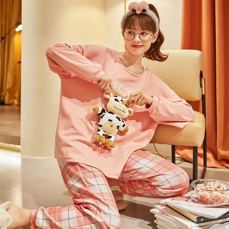 

2024 New 100% Cotton Pajamas Women's Autumn Winter Sleepwear Long Cartoon Pullover Loungewear Round Neck Sweet Loose Homewear