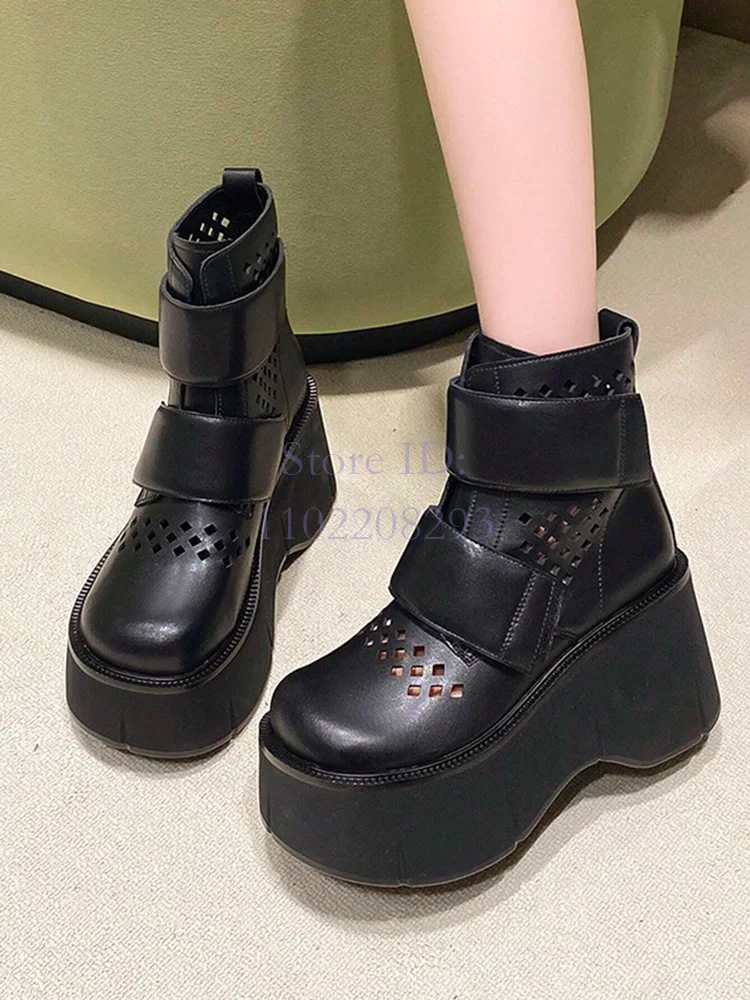 Black Hook & Loop Platform Hole Boots Solid Thick Bottom Height Increasing Ankle Boots 2025 Women Fashion Punk Cool Girl Shoes