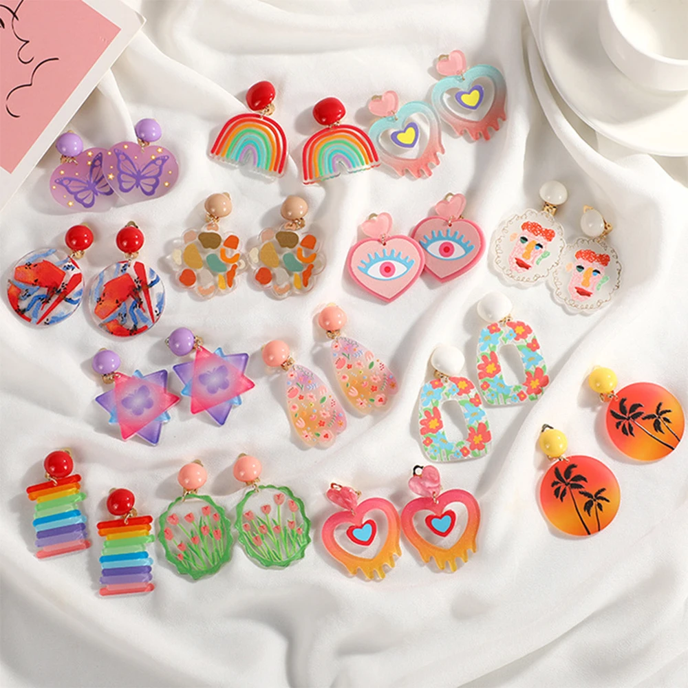 Ear Clips without Hole Piercing Aesthetic Cute Jewelry Rainbow Flower Heart Resin Acrylic Print Dangle Clip-on Earrings for Girl