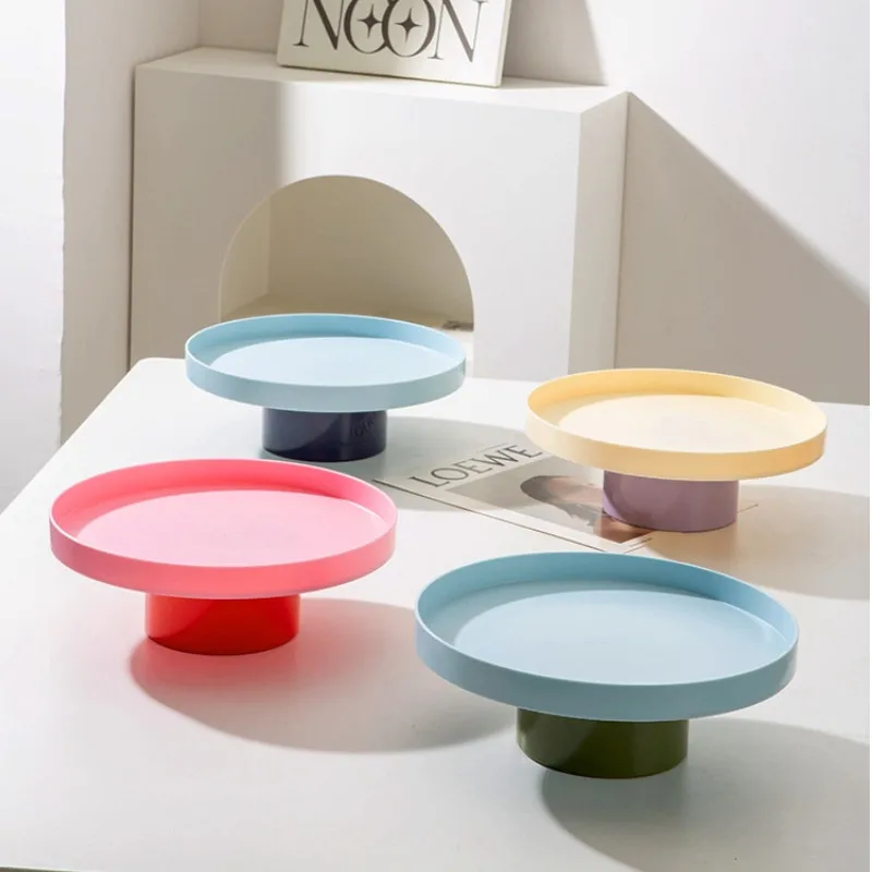 

Round Dopamine Color Decorative Tray Storage Organizer ABS Fruit Perfume Cosmetic Tray Home Decor Simple Tall Plates