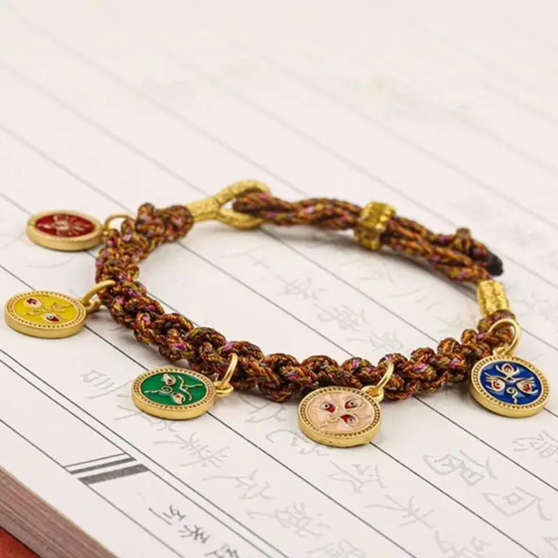 H58E Five Way God of Wealth Handchain Adjustable Woven Bracelet Colorful Rope Bangle Accessory for Luck and Abundance