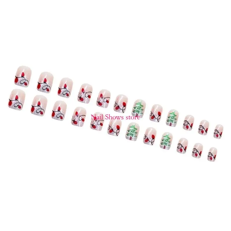 E0BC 24 PCS Pressione Christmas On Nails Glittering False Nails Square Artificial Nails