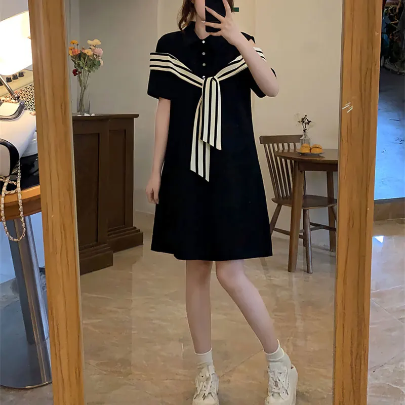 Summer Fashion Off Shoulder Dresses Female Clothing Korean Striped Patchwork Basic A-Line Commute Polo-Neck Button Midi Dress