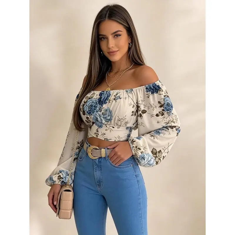 Women's Floral Off Shoulder Crop Top Long Sleeve Wrap Front Boho Summer Blouse Party Night Out