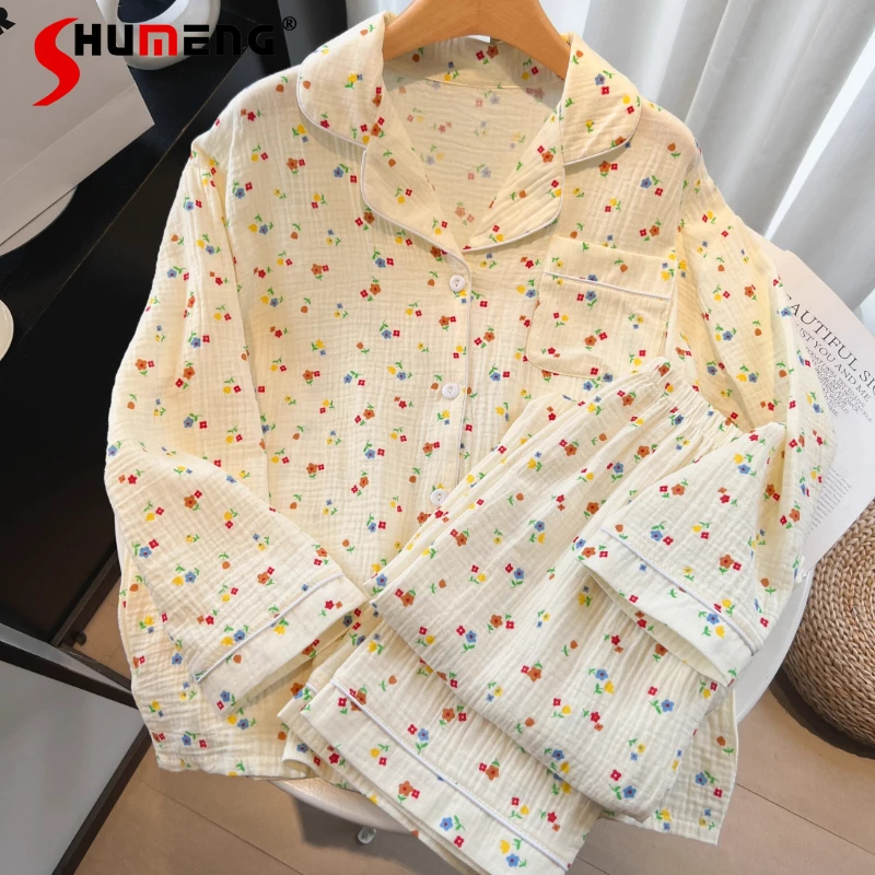 

Cotton Gauze Spring Autumn Women's Pajamas Long Sleeve Wearable Sweet Home Wear Female Japanese Pure Cotton Two Piece Set