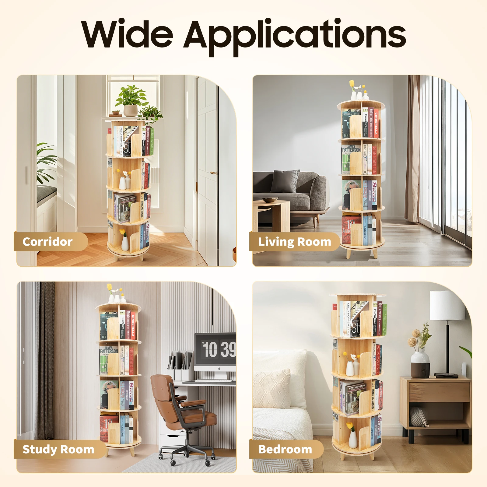 4-Tier Rotating Bookshelf 360 Solid Pine Wood Freestanding Bookcase Display Rack Space Saving Shelf 110lbs per Layer for Living Room Study Bedroom