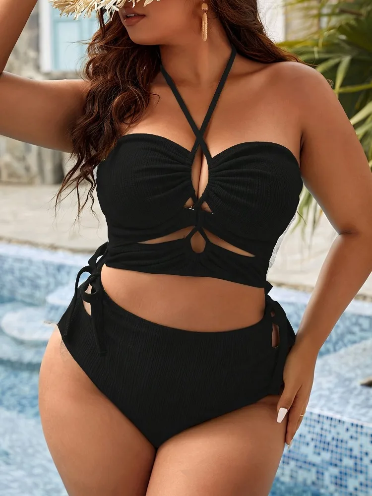 Bikini negro para mujer, traje de baño de talla grande, bañadores de cintura alta, ropa de playa 2023