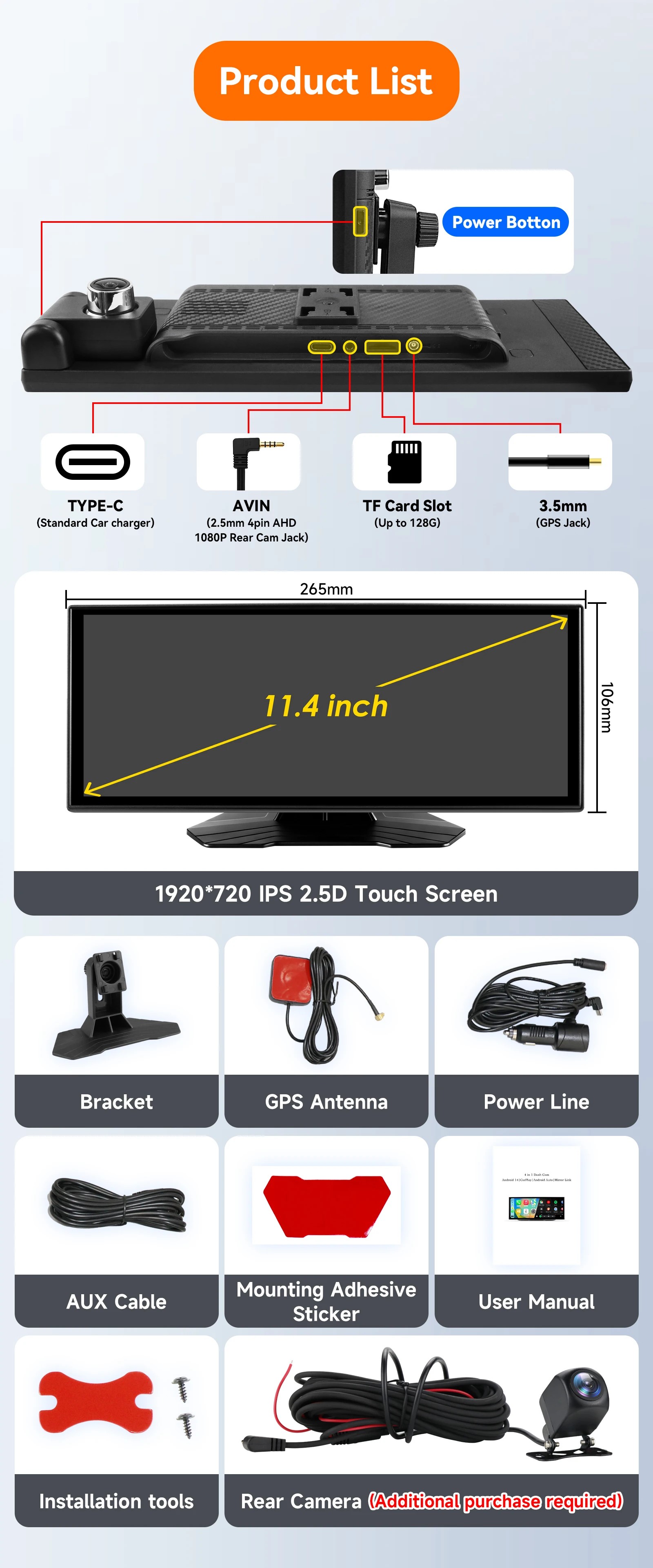 Hizpo 11,4" HD Tragbarer Autoradio Universal Android 14, Auto-Multimedia-GPS-Player, kabellos, Apple Carplay, Android Auto, Bluetooth – Detail 13