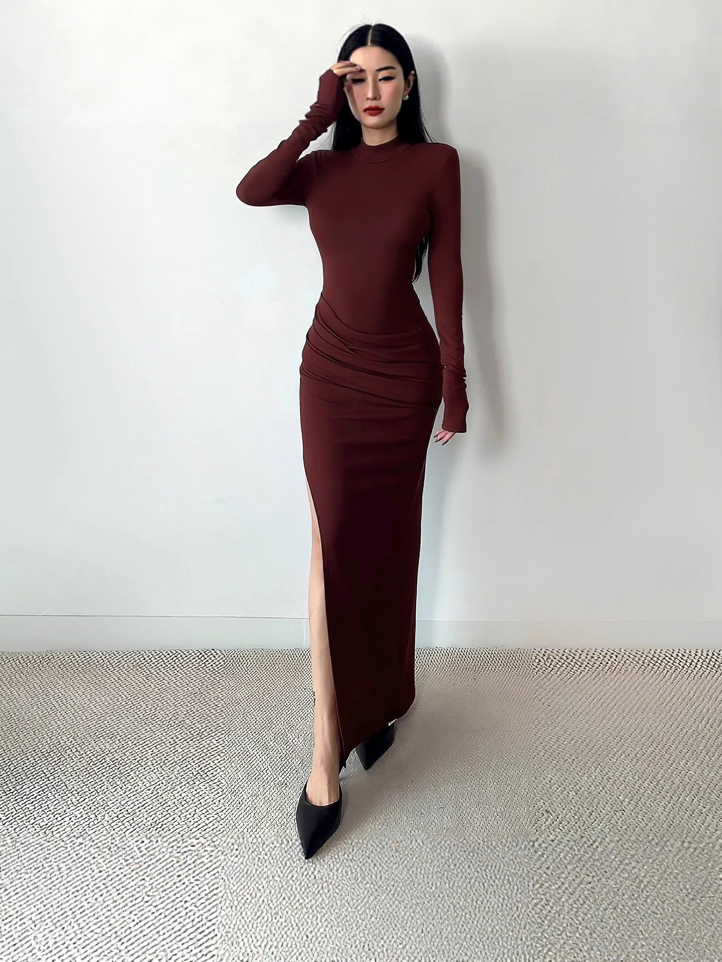 Harajuku Borgogna Abito da sera per le donne Alta fessura Multi-strato increspato Aderente Gonna a sirena Eventi Festa di ballo Abiti Robe