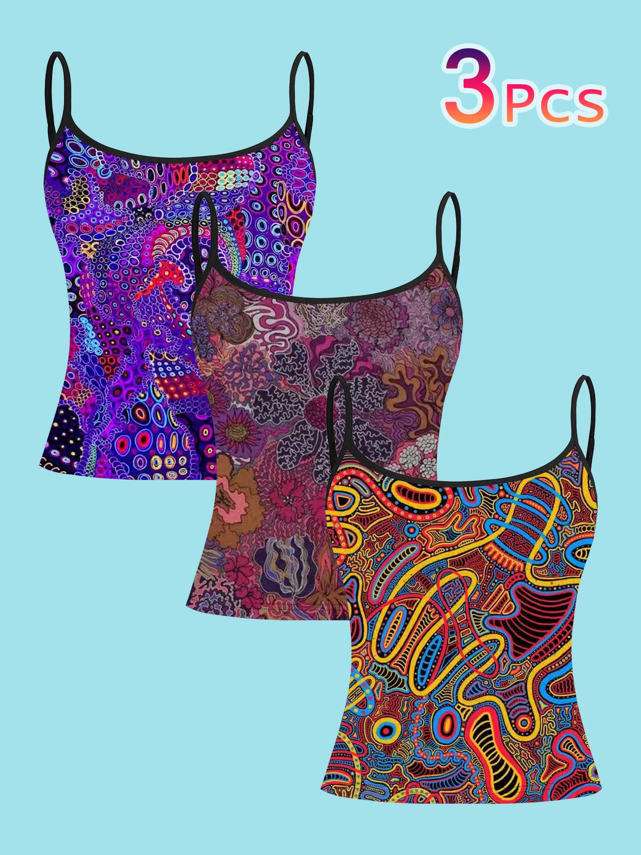 3-Pack Psychedelic Dot Art Print Spaghetti Strap Tank Tops in Purple, Blue, Pink, Brown, Red, Yellow, and Blue with Colorful Swirl Dots, Slim-Fit Sleeveless Tops, Abstract Art Style, Suitable for Layering or Wearing Alone