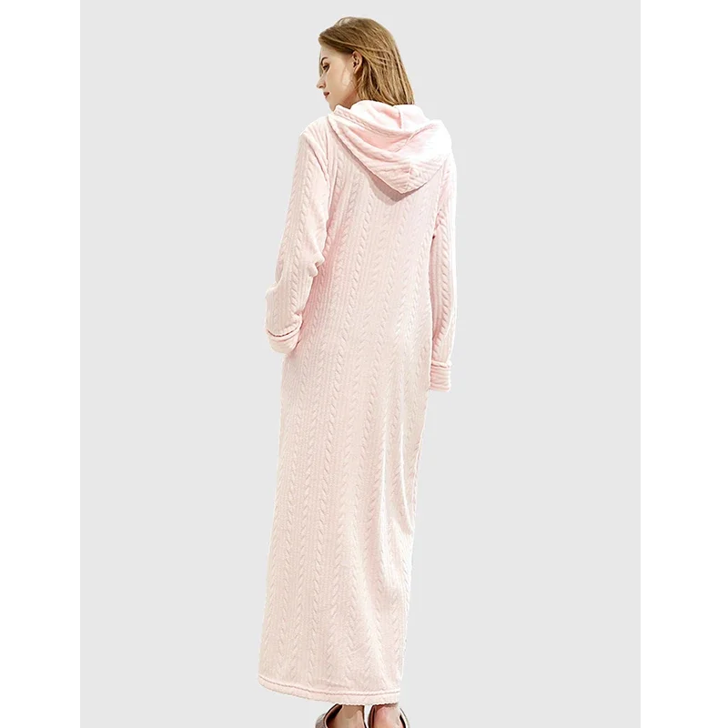 Flannel Women's Bathrobe Zipper Hooded Warm Soft Ladies Thick Dressing Gown Pocketslong Sleeve Home Clothes For Female Winter