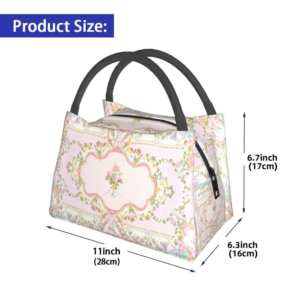 French Rococo Floral Watercolor Panel Insulated Lunch Bag for Women Kids Portable Food Boxes Thermal Lunch Box Tote