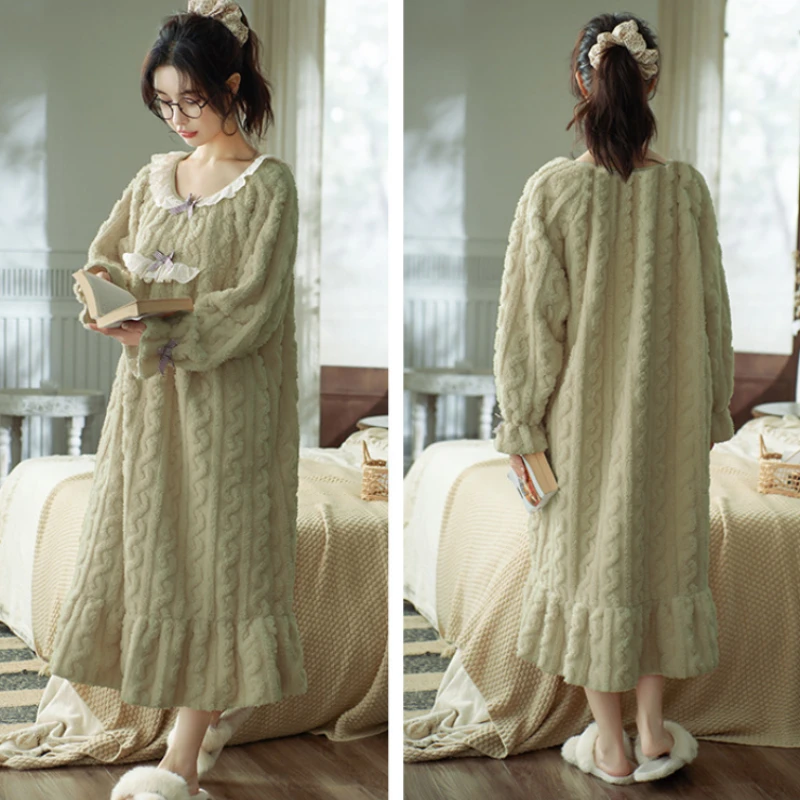 Winter Thicken Coral Velvet Warm Sleepwear Long Dress for Women Sweet Girls Flannel Nightgowns Cute Bath Robe Loose Home Wear