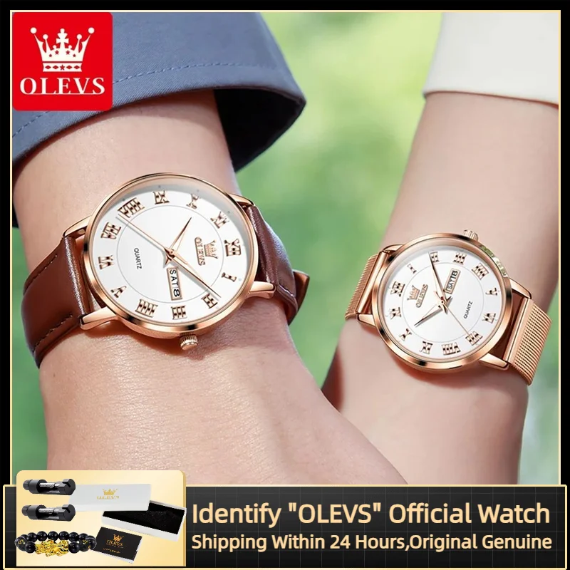 OLEVS 2920 العلامة التجارية الفاخرة كوارتز ساعة الزوجين موضة الأعمال مقاوم للماء التقويم ساعة رجالي أنيقة المرأة تاريخ زوجين ساعة