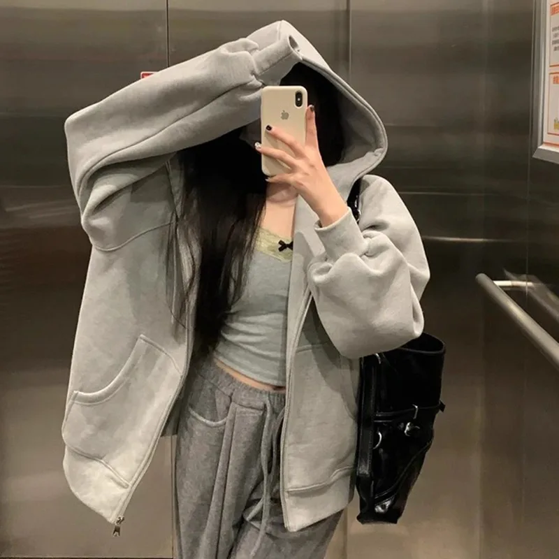 Grey Hooded Autumn and Winter Hoodie Jacket for Women  Large Hat Cardigan and A Heavyweight Top for Women in Autumn Relaxed Fit