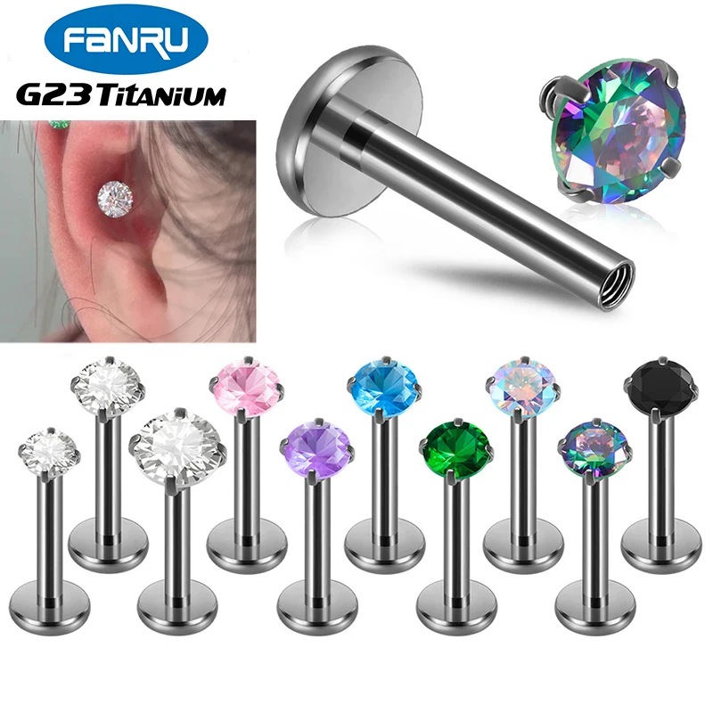 

10Pcs G23 Titanium Piercing Labret Lip Stud Internally Threaded Zircon Ear Stud Helix Cartilage Tragus Body Jewelry Wholesale