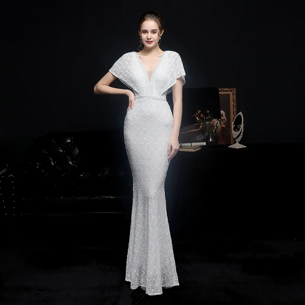 

Elegant White Mermaid Evening Dress Sparkling Luxury Sequins Short Sleeves Robe De Mariée Formal Pageant Guest Party Prom Gown