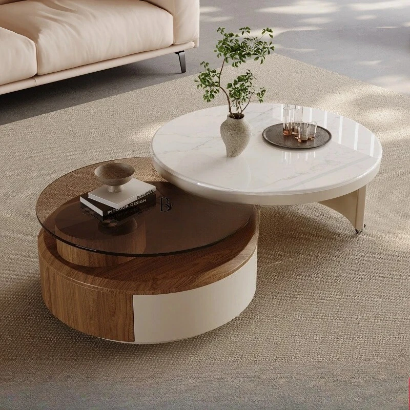 

Вращающийся журнальный столик в старинном стиле в гостиной. Легкий роскошный высококачественный стеклянный круглый кремовый стиль, бытовой маленький.