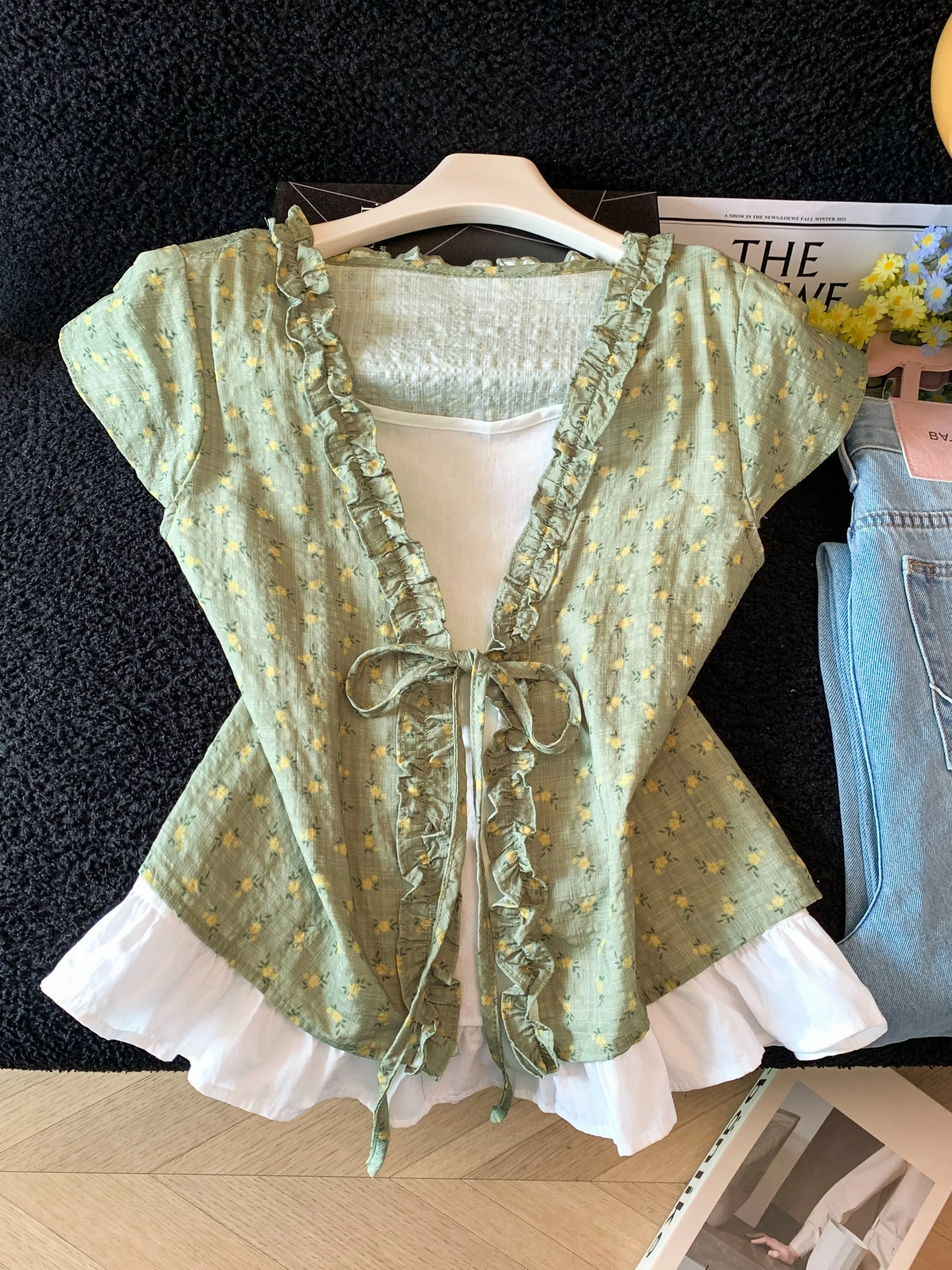 

Sweet Style Floral Print V-Neck Short Sleeve T-Shirt Women's Summer New Style Girl's Feel Patchwork Belted Cardigan Breathable