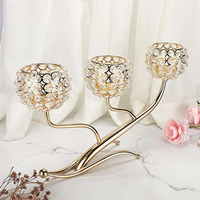 3 Arms Crystal Candelabra Bowl Tea Light Candle Holders Votive Candle Stand Crystal Tealight Holder Candle Centerpiece