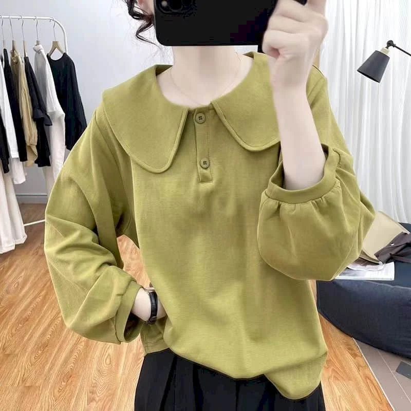 Pullovers Women Solid Harajuku Retro Oversized T-shirts Casual Korean Style Long Sleeve Doll Collar Streetwear Women Clothes