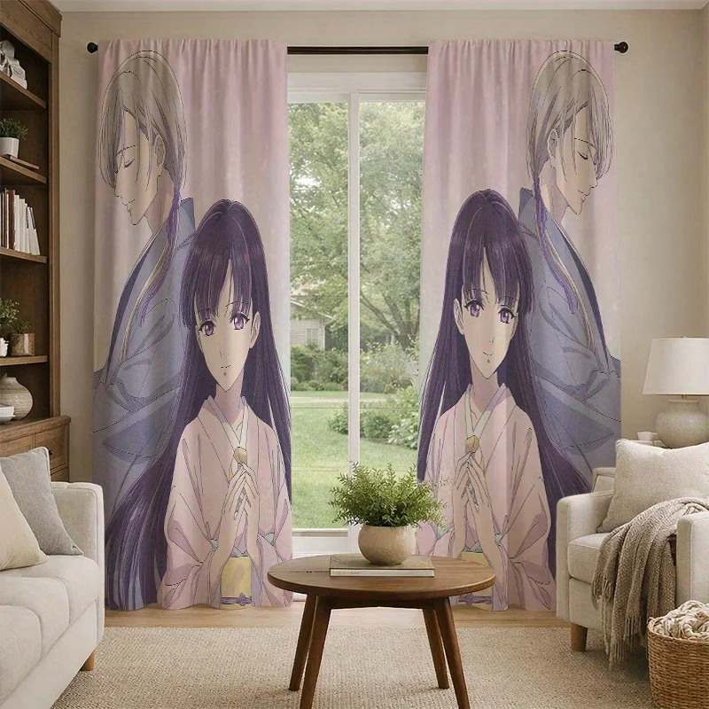Anime Style Couple Curtains, Japanese Romance Print Window Drapes, Soft Pastel Decor, Blackout Fabric for Bedroom Living Room