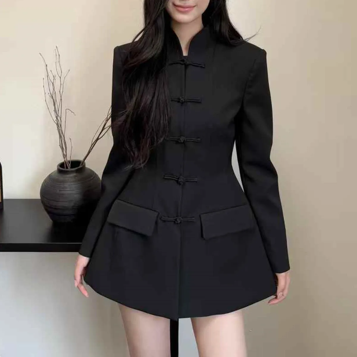 BJTZ Mode A-lijn Taille Blazer Jas Voor Vrouw 2025, Lente Herfst Nieuwe Single Breasted Stand Kraag Effen Kleur Vrouwelijke Kleding