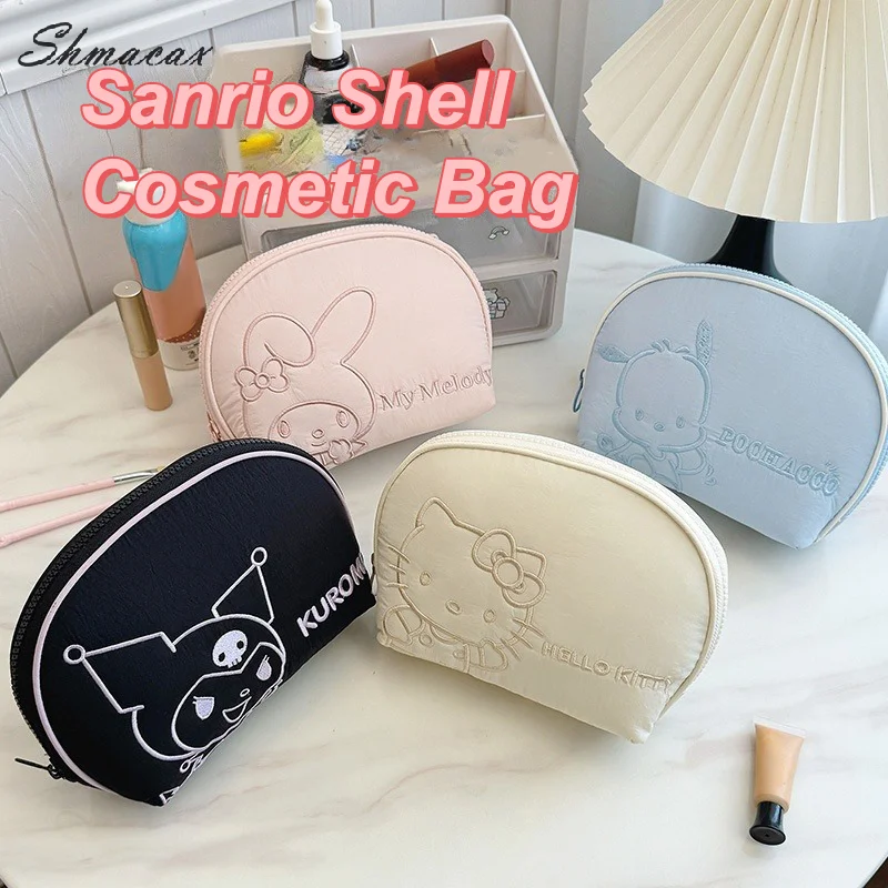 Kawaii Sanrio Hello Kitty Shell Makeup Bag Kuromi Melody Large Capacity Cosmetic Bag Portable Wash Pouch Pen Bag Coin Purse