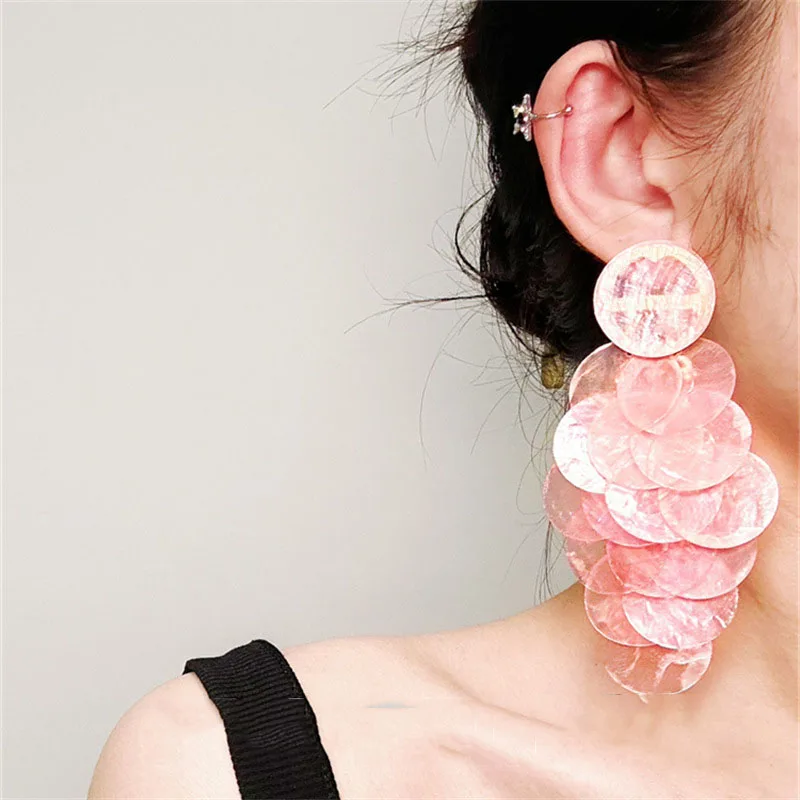 Fashionable and exaggerated colorific Za natural shell earring female multilayer circle scale tassel earring party jewelry