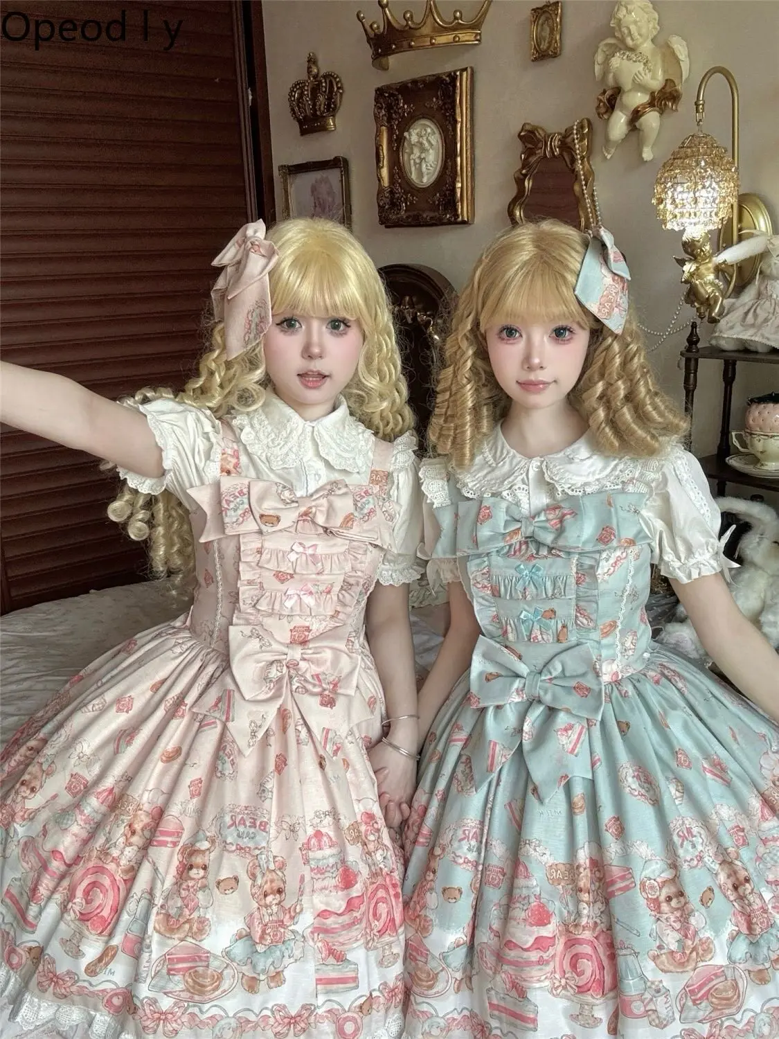 

Japanese Original Lolita Cute Sweet Jsk Dress Cartoon Print Doll Feeling Bow Lace Princess Style Dress Suit for Woman