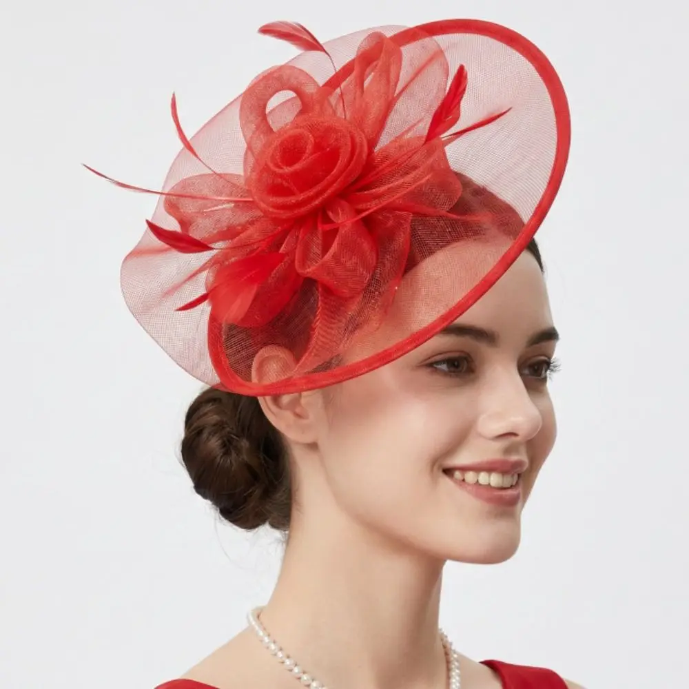 Haarspange, exquisiter Feder-Fascinator-Hut, französischer Netz-Tee-Party-Hut, Blumen-Schleife, Braut-Kopfschmuck, Tanzshow – Detail 6