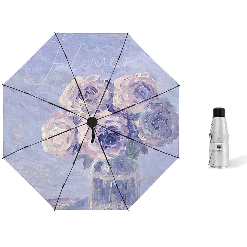 

Purple Rose Umbrella UPF 50+ Oil Painting 5 Folded Vinyl Umbrella Fashionable Portable Small Portable Umbrella For Women Kids