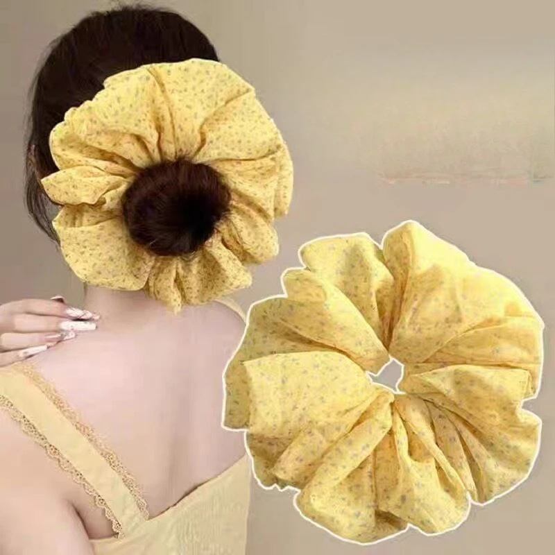 

Yellow Floral Chiffon Large Scrunchie Hair Tie for Low Messy Bun and Ponytail Soft Elastic Lightweight Premium Daily Use