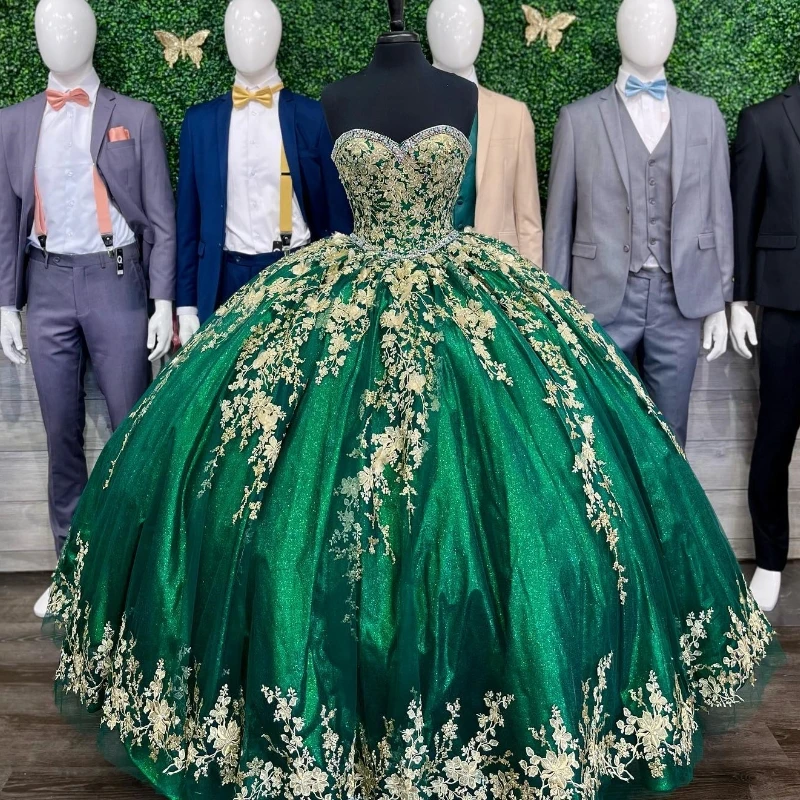 

Emerald Green Ball Gown Quinceanera Dresses Sweet Off the Shoulder Gold Appliques Lace Beads Corset Prom Party Vestidos De 15