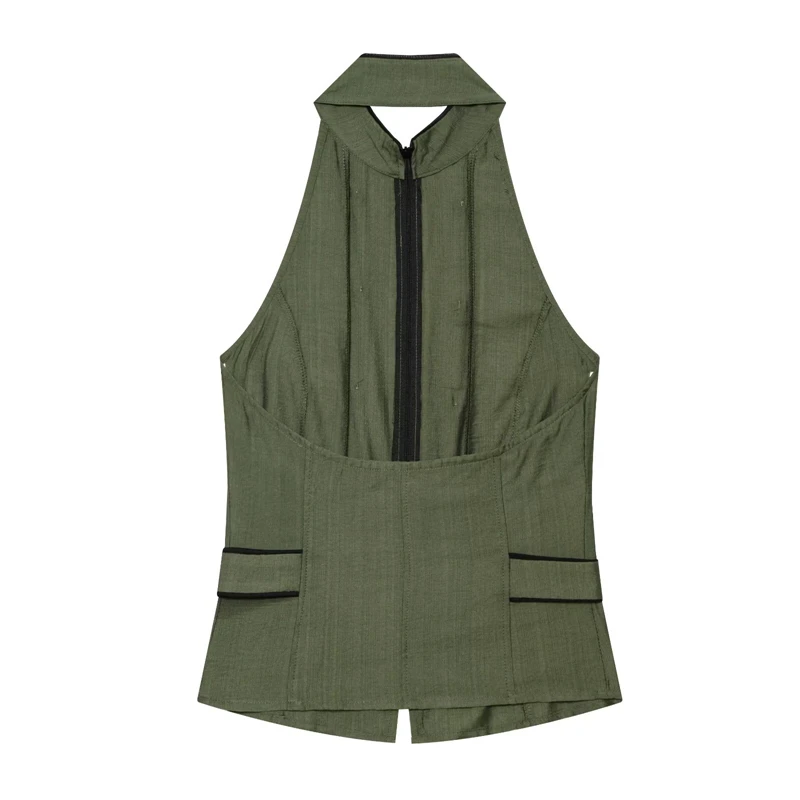 KEYANKETIAN 2026 Halter Neck Vest Double Breasted Bronze Buttons Black Piping Zip Up Sleeveless Slim Casual Women Waistcoat