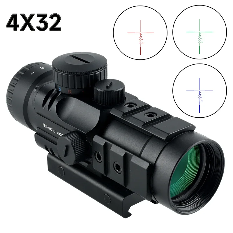 4x32 Trilateral Rail Prism Scope Tactics Airsoft Riflescope Red/Green/Blue Cross-Hair Reticle Adjustable Optic Sight 20mm Rail