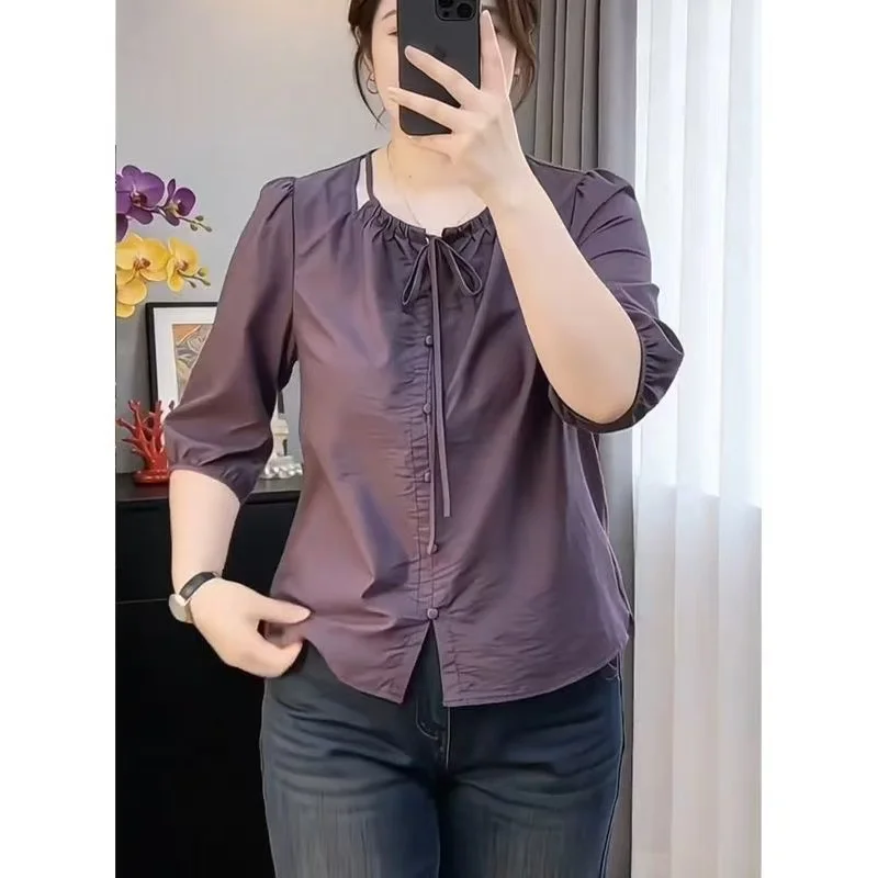 

Slimming Effect Short Sleeve Shirt Women's Overhead Single Button Summer New Style Brand Big Size 2026 Commute Style Loose Fit