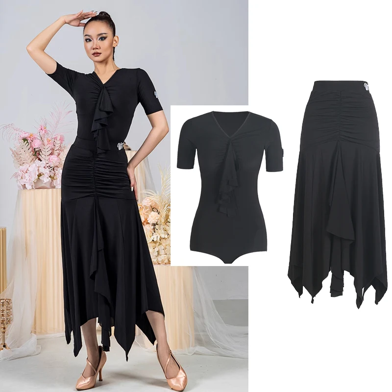 

Ballroom Dance Clothes Adult Women Short Sleeves Leotards Irregular Long Skirt Waltz Dance Practice Wear Show Dancewear DNV23877