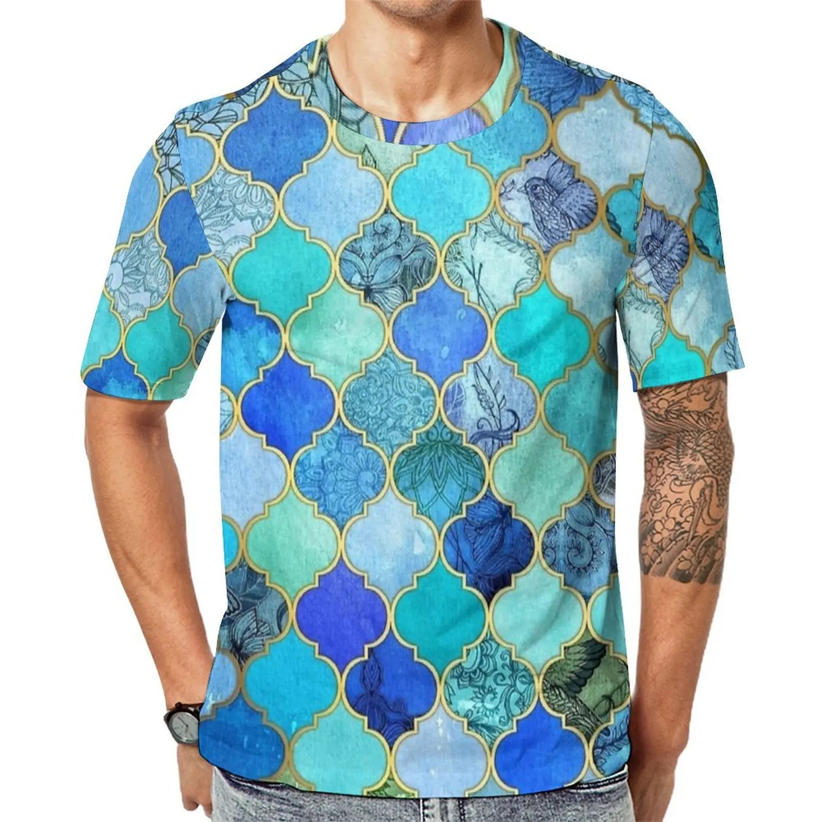 Blue Botanical Gold Moroccan Tile T Shirt  Hip Hop T Shirts Man Classic Tshirt Summer Short-Sleeved Printed Tees Large Size