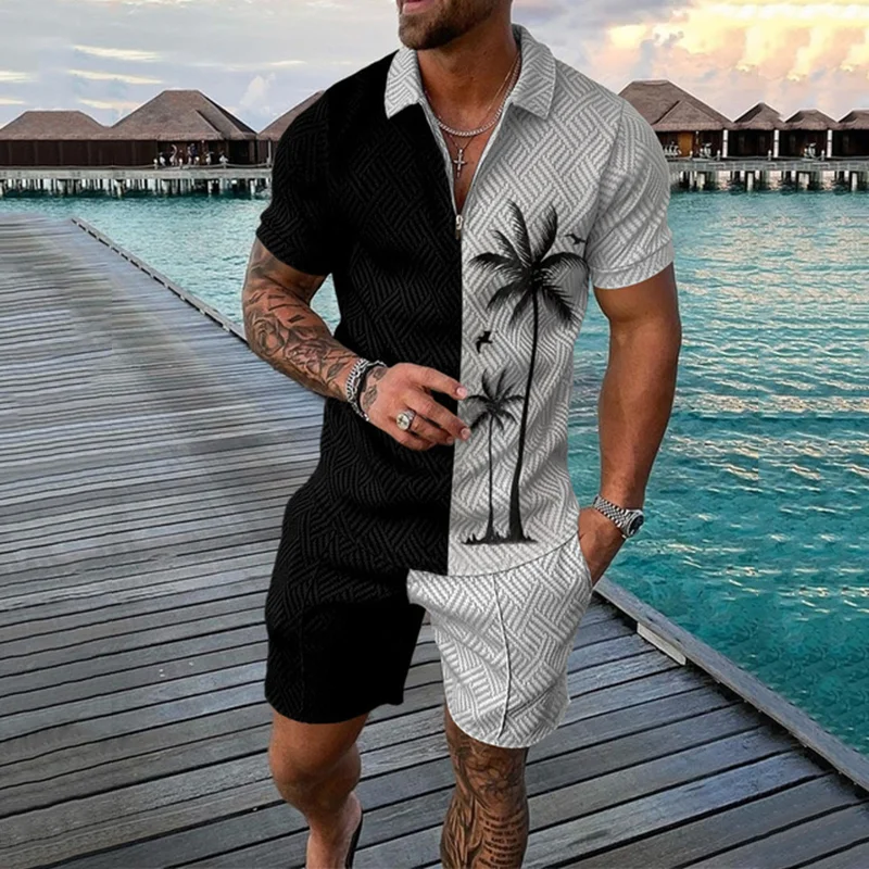 Men Tracksuit Set Summer 3D Printing Casual Zipper Polo Shirt Suit Shorts 2 Pcs Set Beach Holiday Style Clothing Y2k Clothes Men