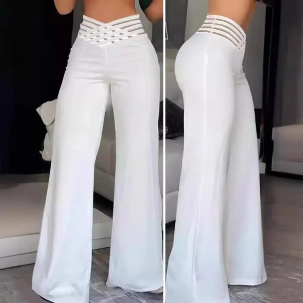 Hollow Belt Design Pants Flared High Waist Pants Stylish Women's Wide Leg Pants with High Waist Hollow Cross for Casual