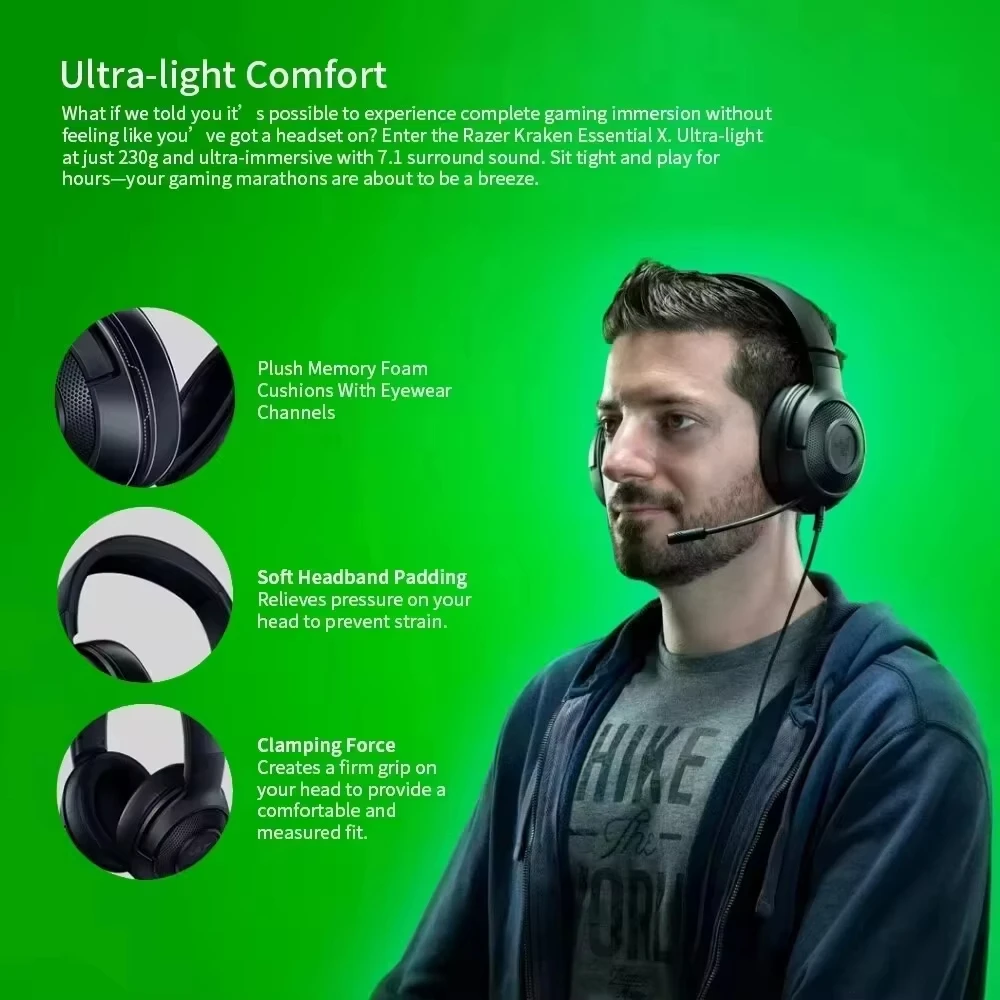 Razer Kraken X سماعة الألعاب الأساسية 7.1 الصوت المحيطي سماعة انحناء ميكروفون قلبي 40 مللي متر وحدة السائق سماعات