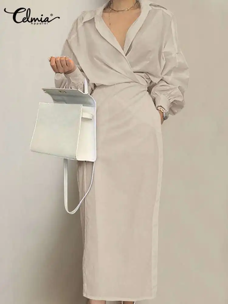 Celmia Fashion Women Dresses Long Sleeve Elegant Office Lady Belted Dresses 2023 Spring Casual Wrap Midi Vestidos Party Robe