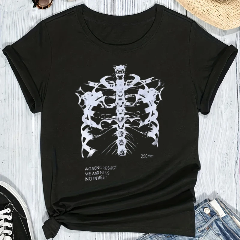 

Fashion Women T-shirt Dark Skull Bones Heart and Lung Print Short Sleeve T Shirt Female Streetwear Harajuku Top Unisex Clothing