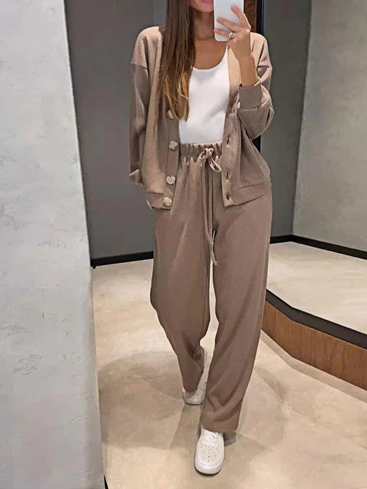 Casual Comfortable Cardigan Sports Pants Set Women Solid Color Top Drawstring Elastic Waistband Straight Leg Trousers Wholesale