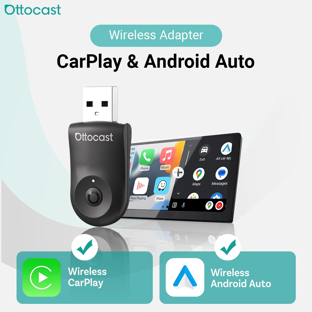 

Ottocast Mini 2-в-1: Беспроводной адаптер CarPlay и Android Auto, автоматическое подключение, Plug and Play, быстрое отключение, новейшая версия 2026 года