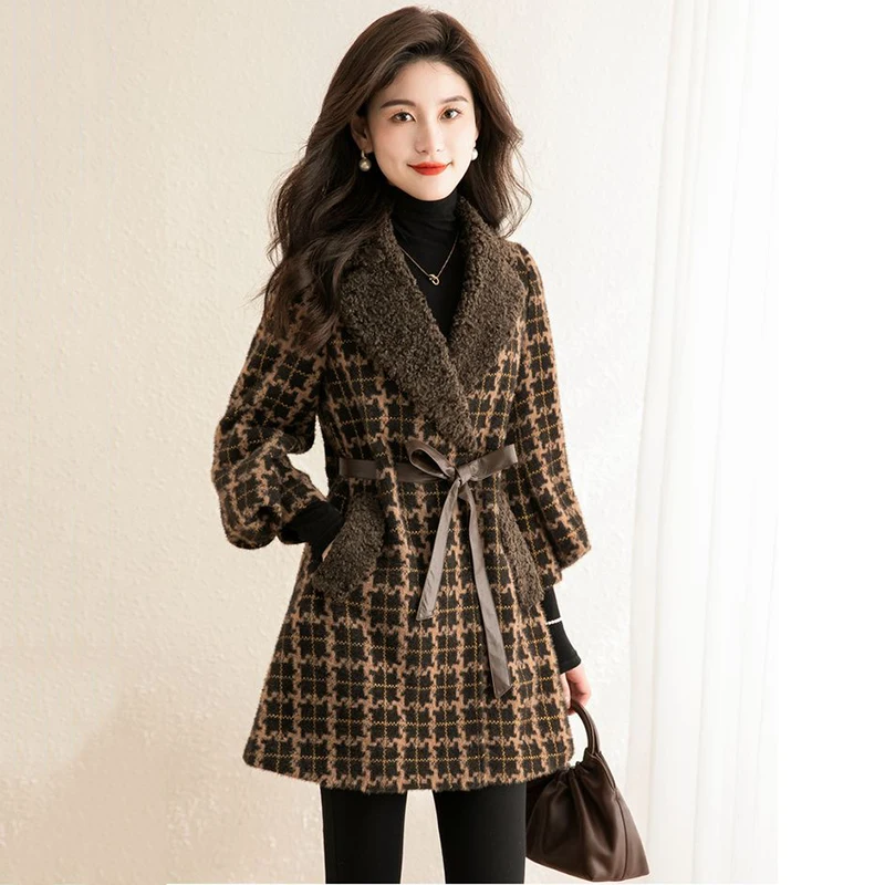 Frauen Wolle Mantel 2024New Herbst Winter gitter Woolen Jacke Frauen Koreanische Mittleren Alters Weibliche Mid Langen Mantel Windjacke Weibliche