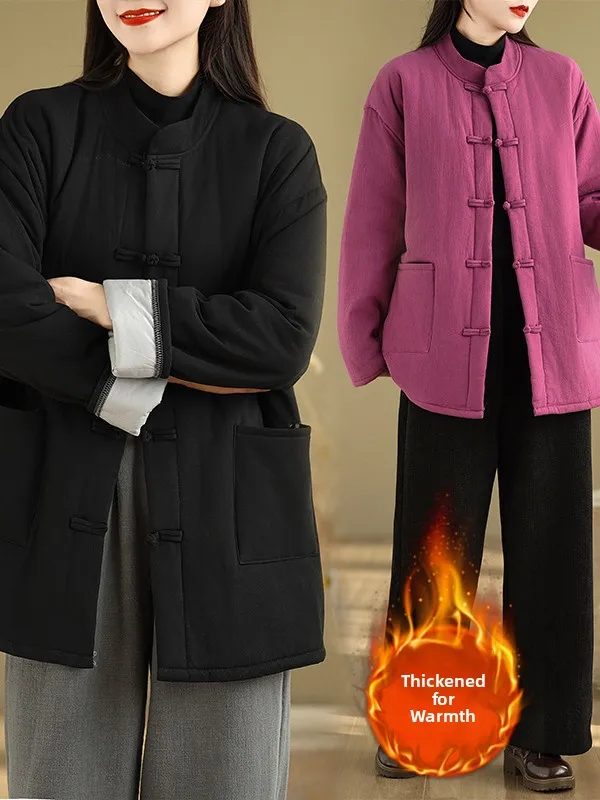 2025 Winter New Thiened Cotton Padded Chinese Sle Ethnic Loose Fit Warm Top Outerwear Coat Retro Long Sve Stand Collar