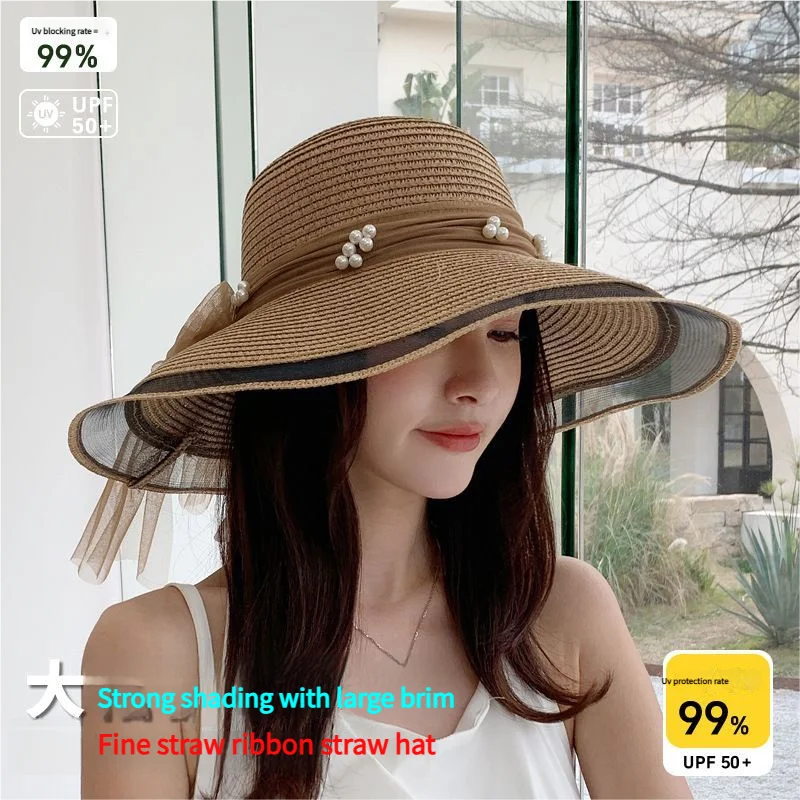 

Women's Elegant Pearl Embellished Wide Brim Sun Hat Beach Vacation Seaside Sun Protection Fashionable UV Shield Breathable