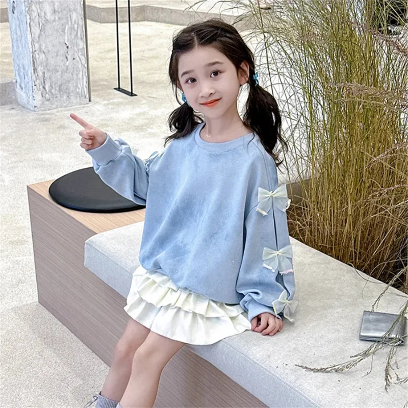 Girls Sweet Sweatshirt Spring Bow Tops Autumn New Fashion Cute Pullover 2025 Children Long Sleeve Casual Clothes 3-14 Years Old